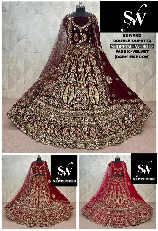 Rani Pink maroon Dark Maroon  Double Dupatta Velvet Peacock Bridal Lehenga