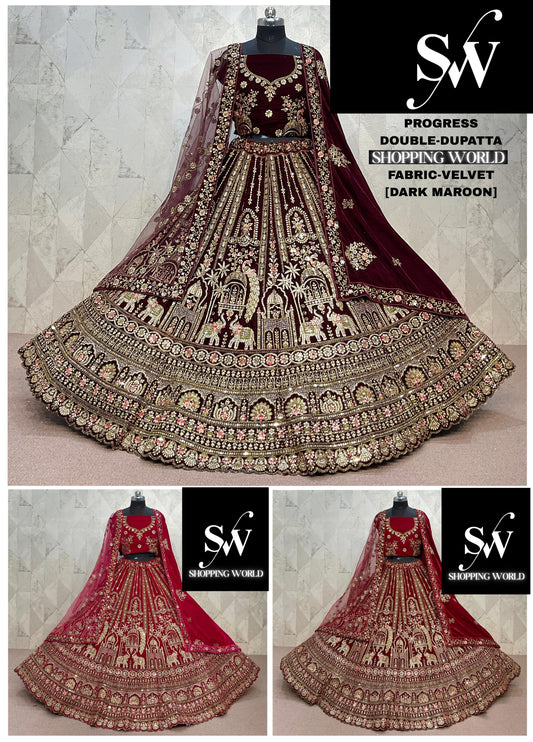 Rani Pink maroon Dark Maroon  Double Dupatta Velvet Bridal Lehenga