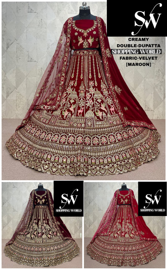Rani Pink maroon Dark Maroon  Double Dupatta Velvet Bridal Lehenga