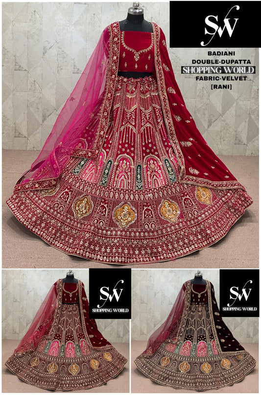 Rani Pink maroon Dark Maroon  Double Dupatta Velvet Bridal Lehenga