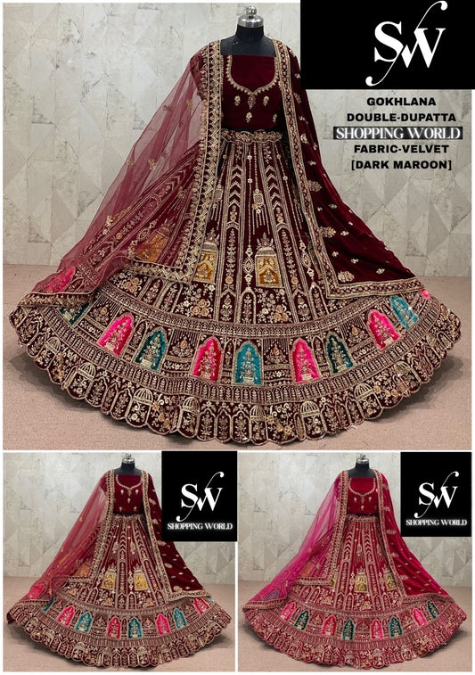 Rani Pink maroon Dark Maroon  Double Dupatta Velvet Bridal Lehenga