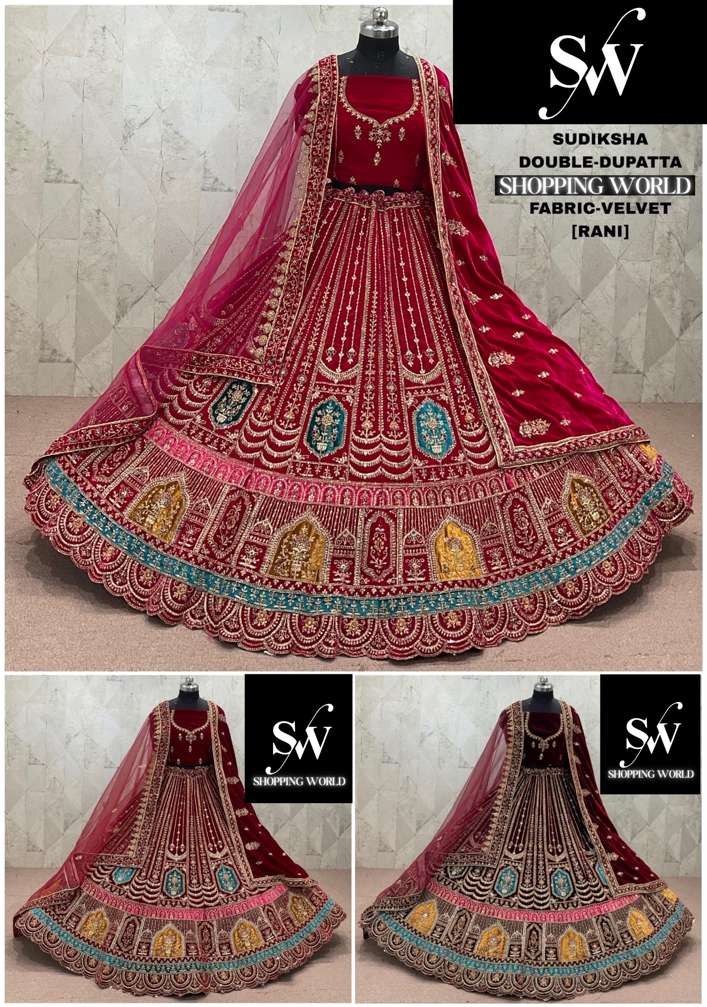 Rani Pink maroon Dark Maroon  Double Dupatta Velvet Bridal Lehenga