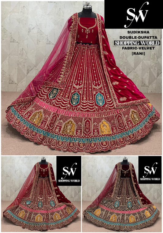 Rani Pink maroon Dark Maroon  Double Dupatta Velvet Bridal Lehenga