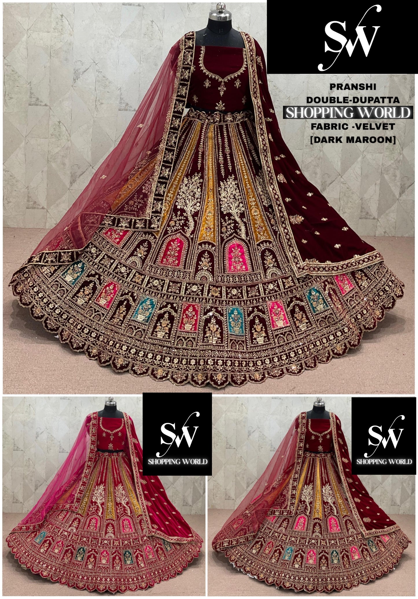 Rani Pink maroon Dark Maroon  Double Dupatta Velvet Bridal Lehenga