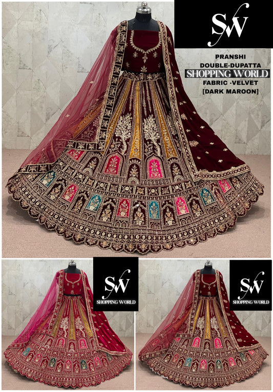 Rani Pink maroon Dark Maroon  Double Dupatta Velvet Bridal Lehenga