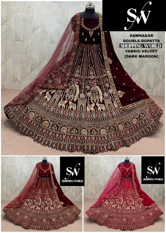Rani Pink maroon Dark Maroon  Double Dupatta Velvet Bridal Lehenga