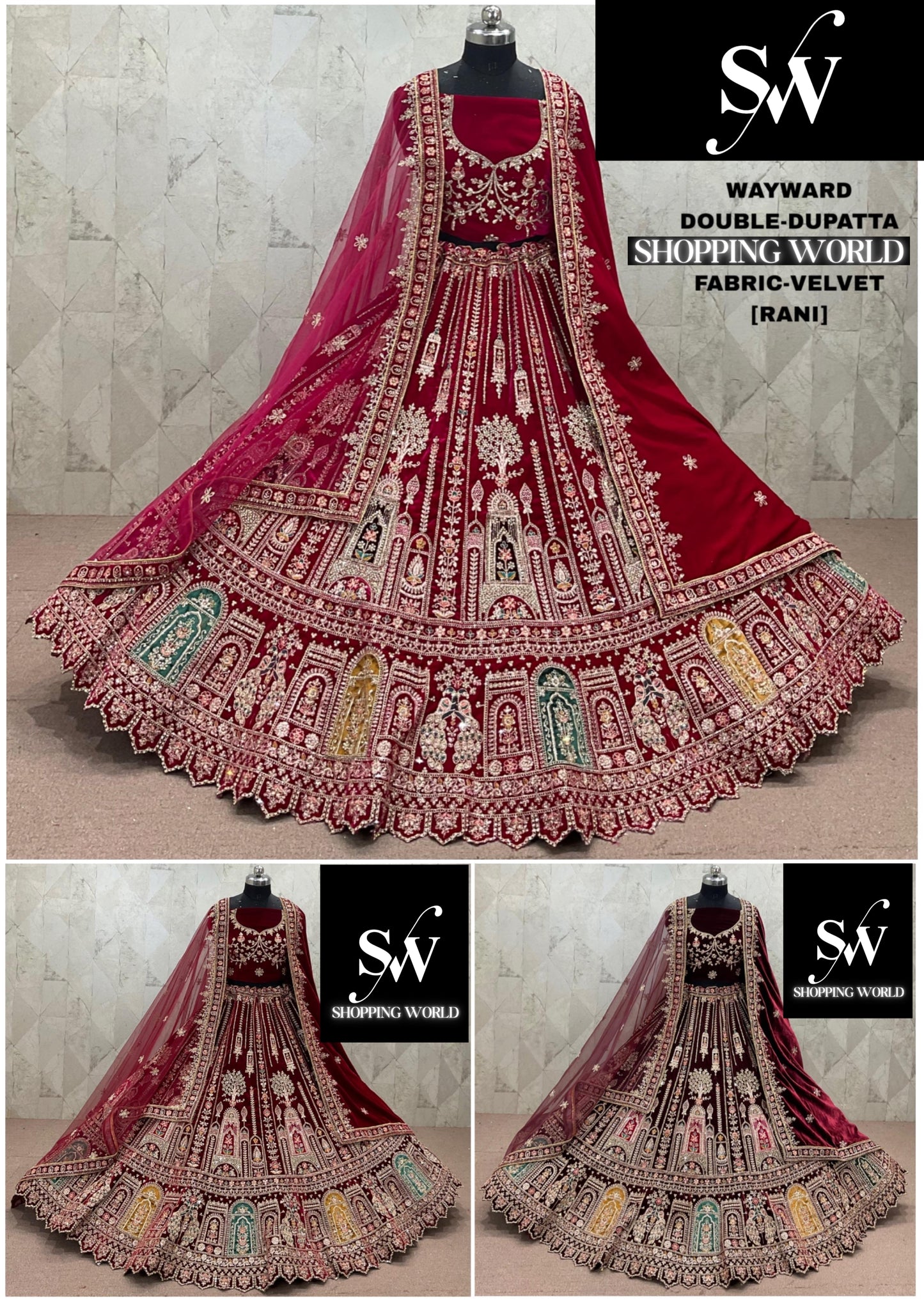 Rani Pink maroon Dark Maroon  Double Dupatta Velvet Bridal Lehenga