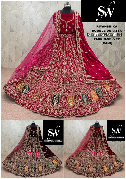 Rani Pink maroon Dark Maroon  Double Dupatta Velvet Bridal Lehenga