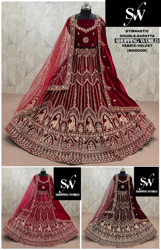 Rani Pink maroon Dark Maroon  Double Dupatta Velvet Bridal Lehenga