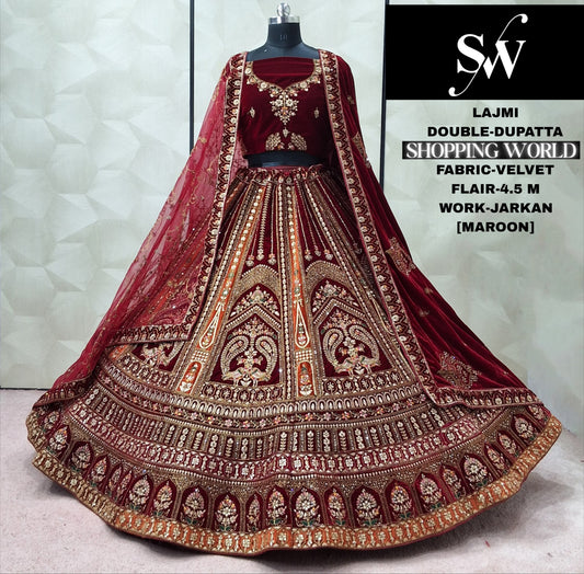 Dark Maroon Double Dupatta Peacock Velvet Bridal Lehenga