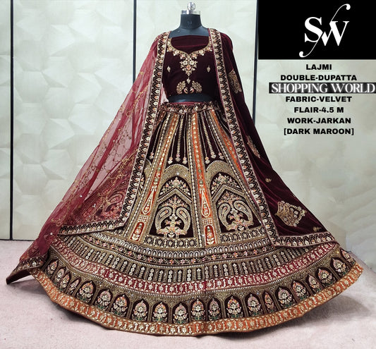 Dark Maroon Double Dupatta Peacock Velvet Bridal Lehenga
