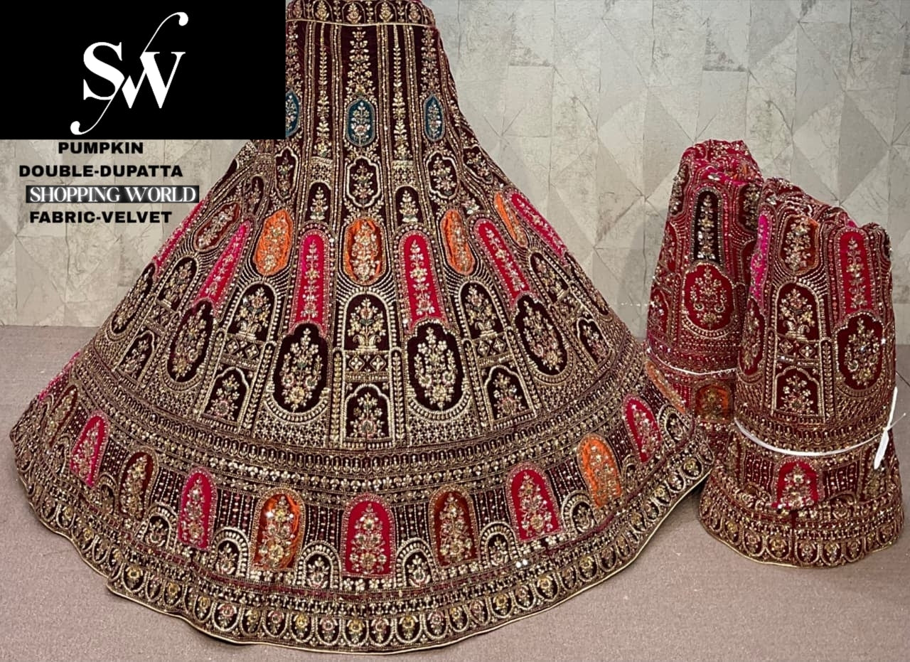 Dark Maroon Rani pink Maroon Double Dupatta Doli Barat Velvet Bridal Lehenga