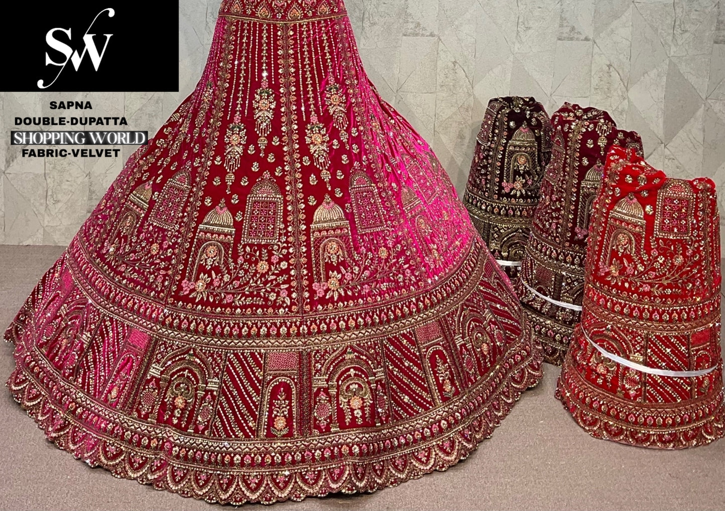 Dark Maroon Rani pink Maroon Double Dupatta Velvet Bridal Lehenga