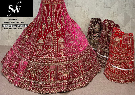 Dark Maroon Rani pink Maroon Double Dupatta Velvet Bridal Lehenga