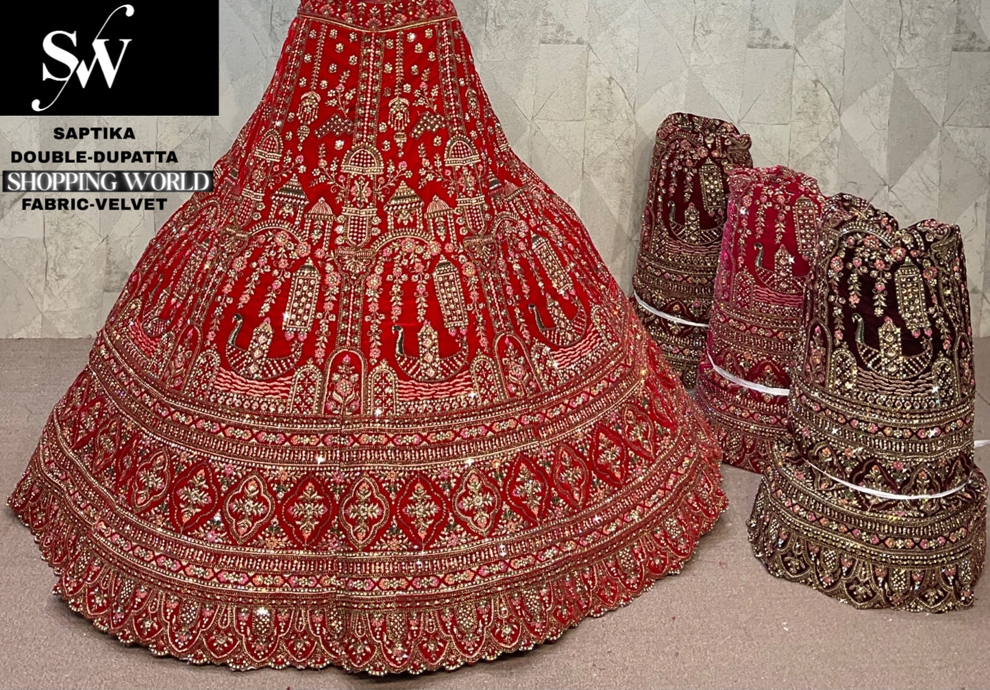 Dark Maroon Rani pink Maroon Double Dupatta Velvet Bridal Lehenga