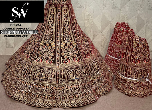 Dark Maroon Rani pink Maroon Double Dupatta Velvet Bridal Lehenga