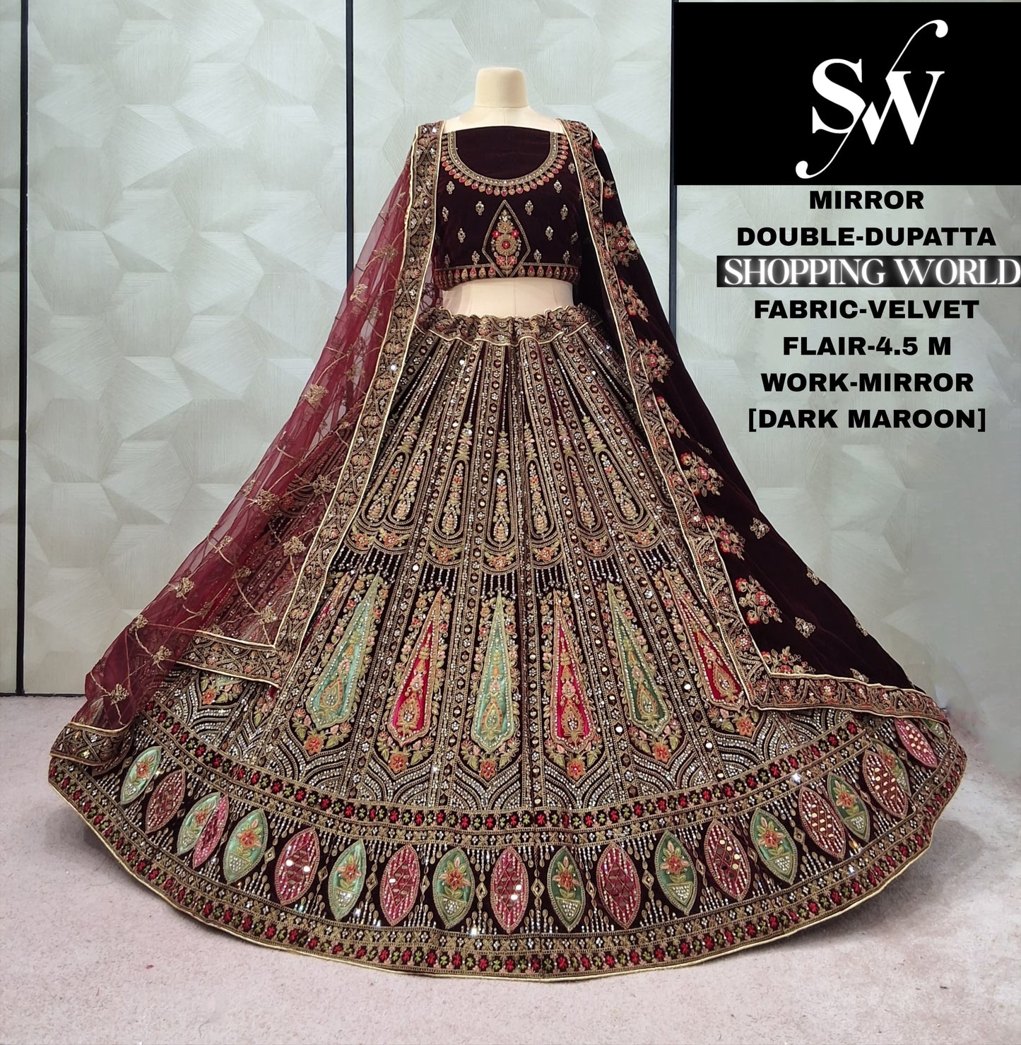 Dark Maroon Double Dupatta Velvet Bridal Lehenga