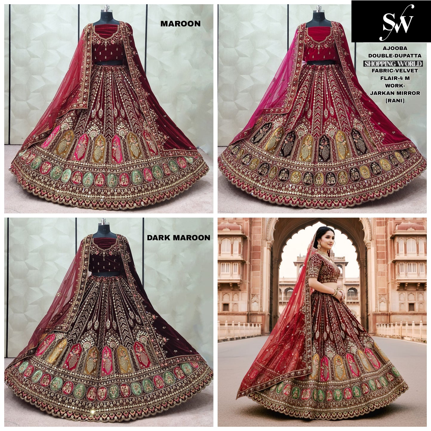 Dark Maroon Rani Pink Maroon Double Dupatta Velvet Bridal Lehenga