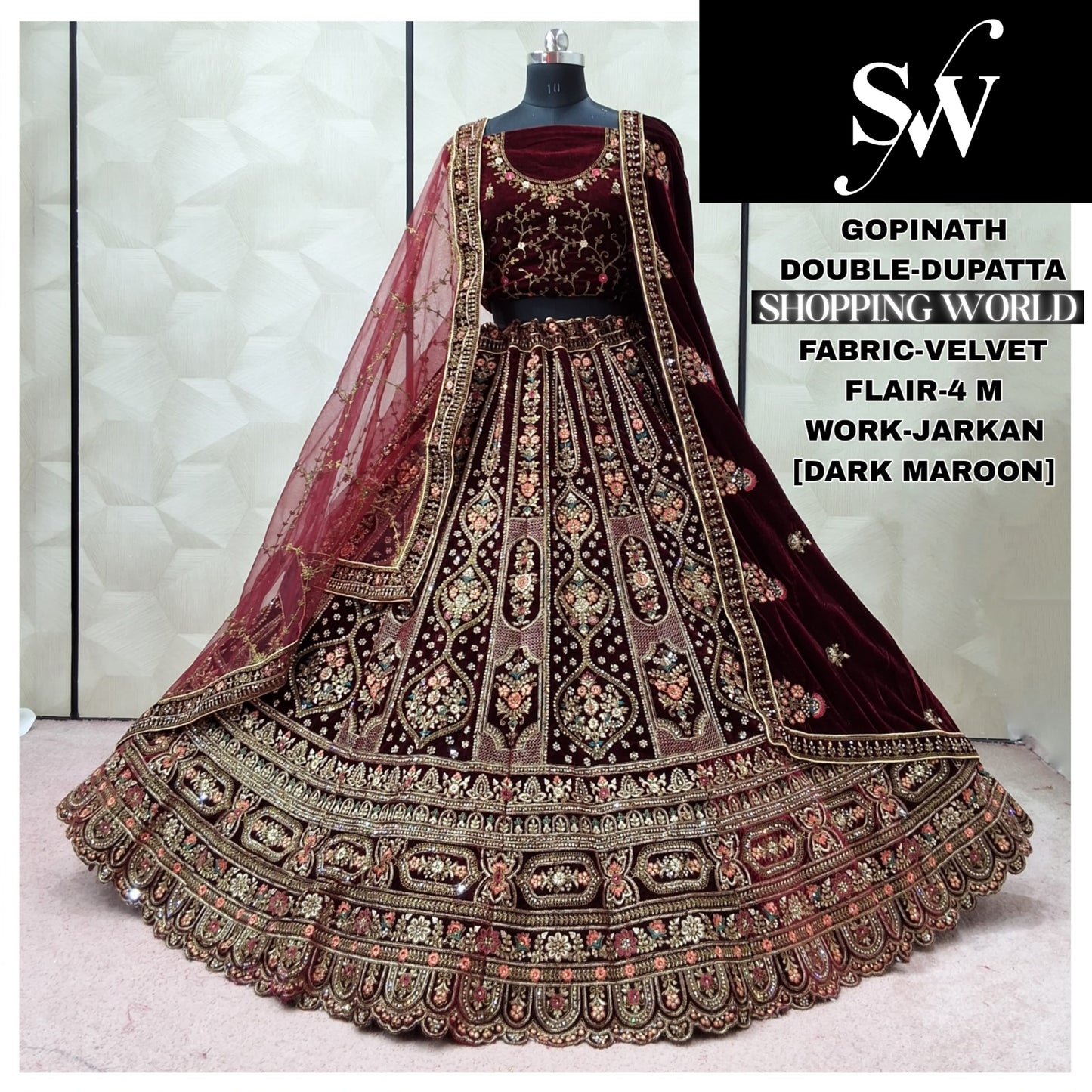 Dark Maroon Double Dupatta Velvet Bridal Lehenga