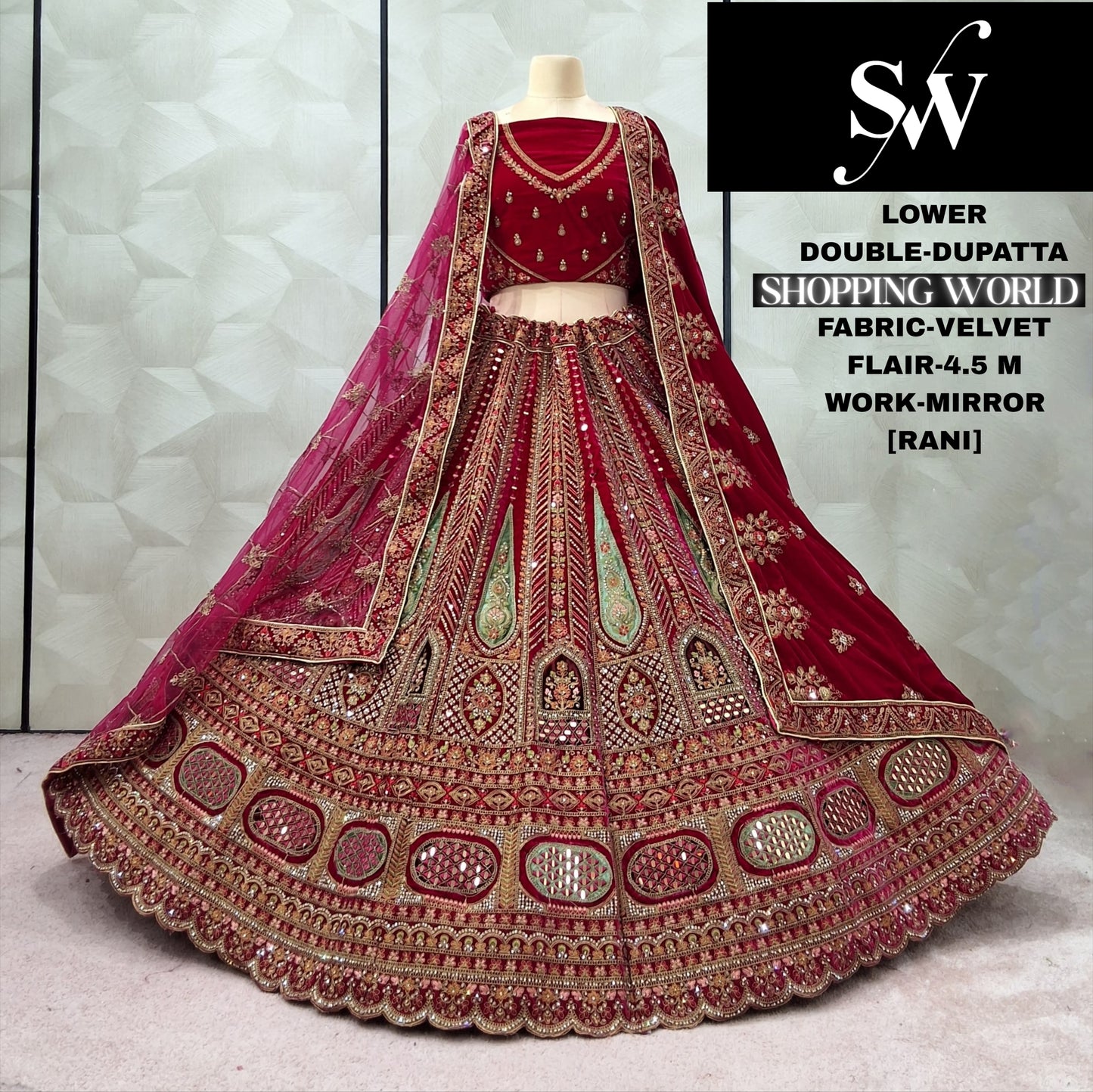 Maroon Double Dupatta Velvet Bridal Lehenga