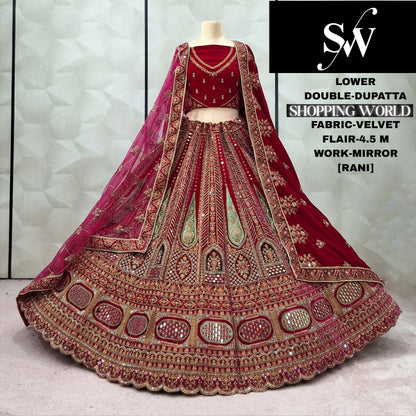 Maroon Double Dupatta Velvet Bridal Lehenga