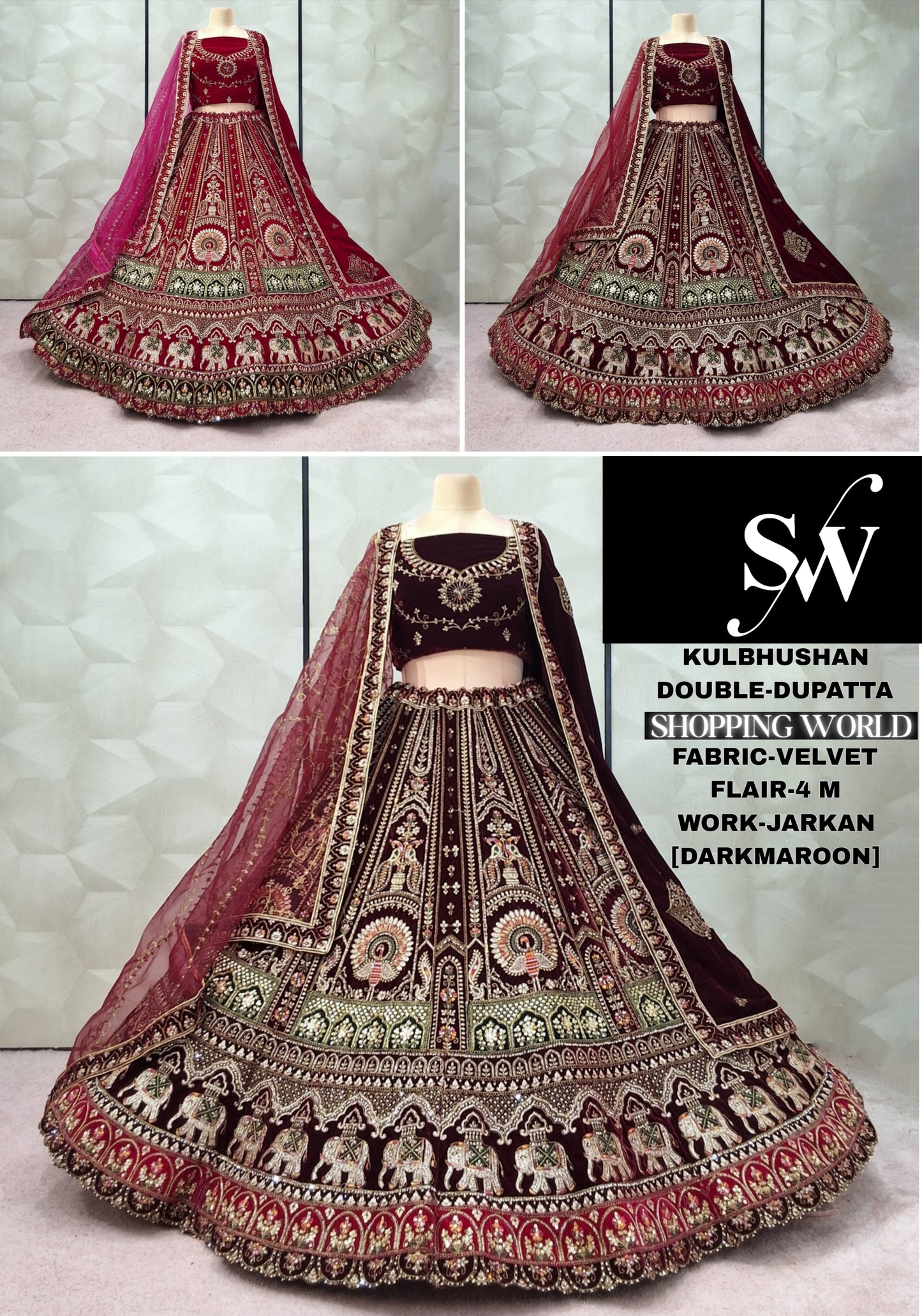 Dark Maroon Maroon Rani Pink Double Dupatta Peacock Velvet Bridal Lehenga