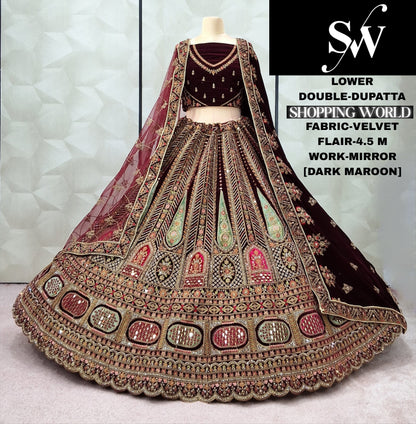 Maroon Double Dupatta Velvet Bridal Lehenga
