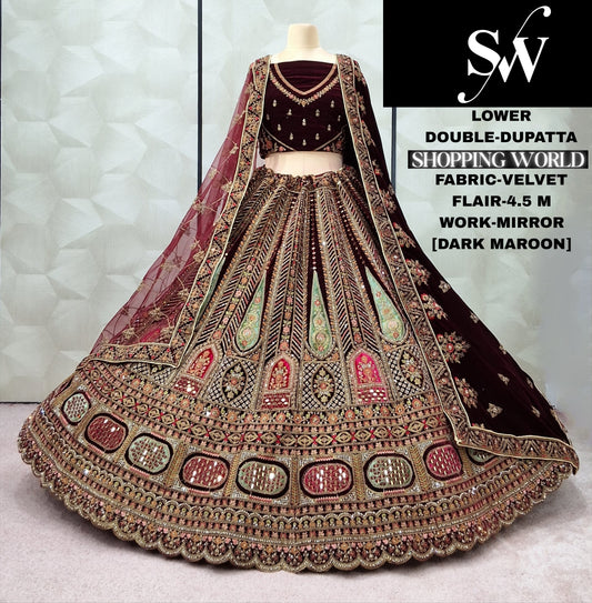 Maroon Double Dupatta Velvet Bridal Lehenga