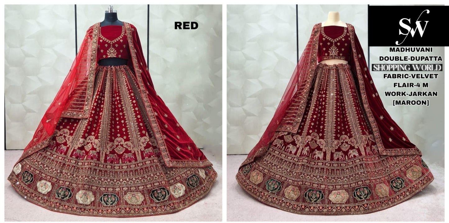 Red Maroon Double Dupatta Velvet Bridal Lehenga
