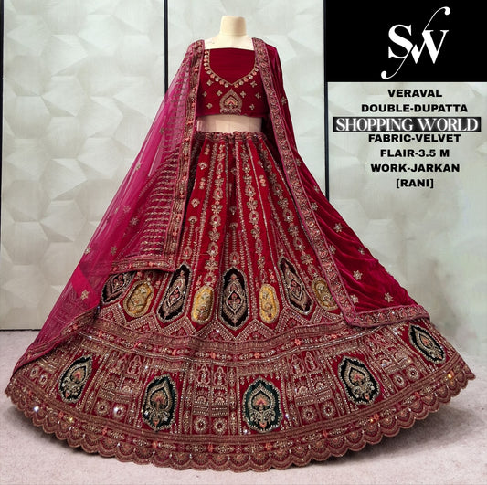 Rani Pink Velvet Double Dupatta Bridal Lehenga