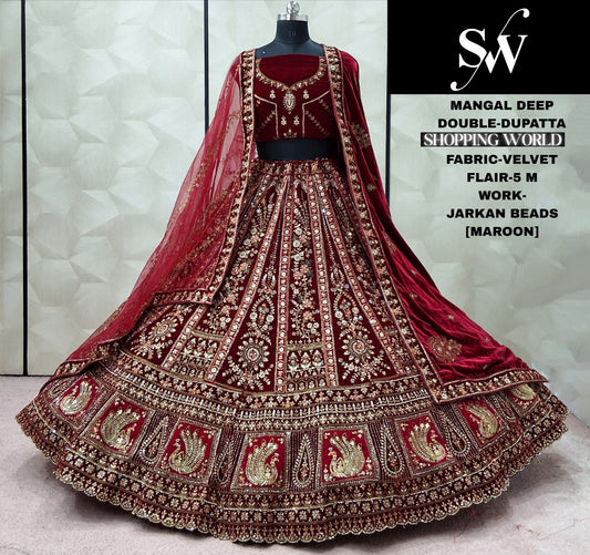 Maroon Double Dupatta Velvet Bridal Lehenga