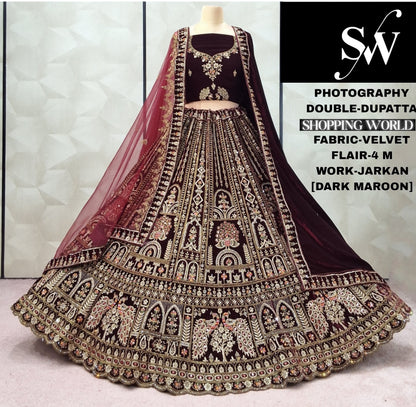 Dark Maroon Peacock Double Dupatta Velvet Bridal Lehenga