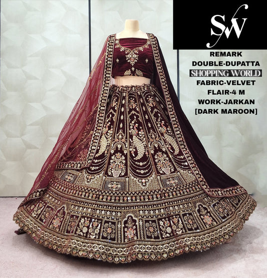 Dark Maroon Peacock Double Dupatta Velvet Bridal Lehenga