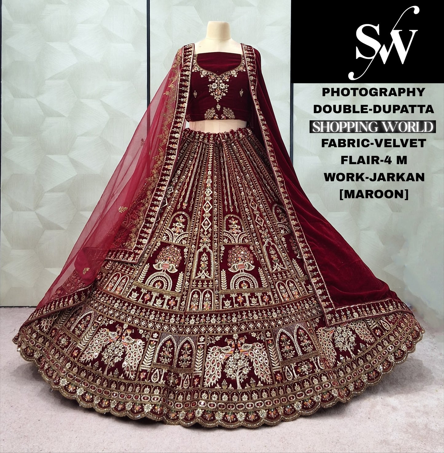 Dark Maroon Peacock Double Dupatta Velvet Bridal Lehenga