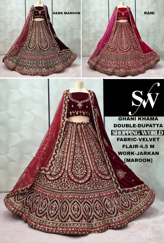 Dark Maroon Maroon Rani Pink Double Dupatta Velvet Bridal Lehenga