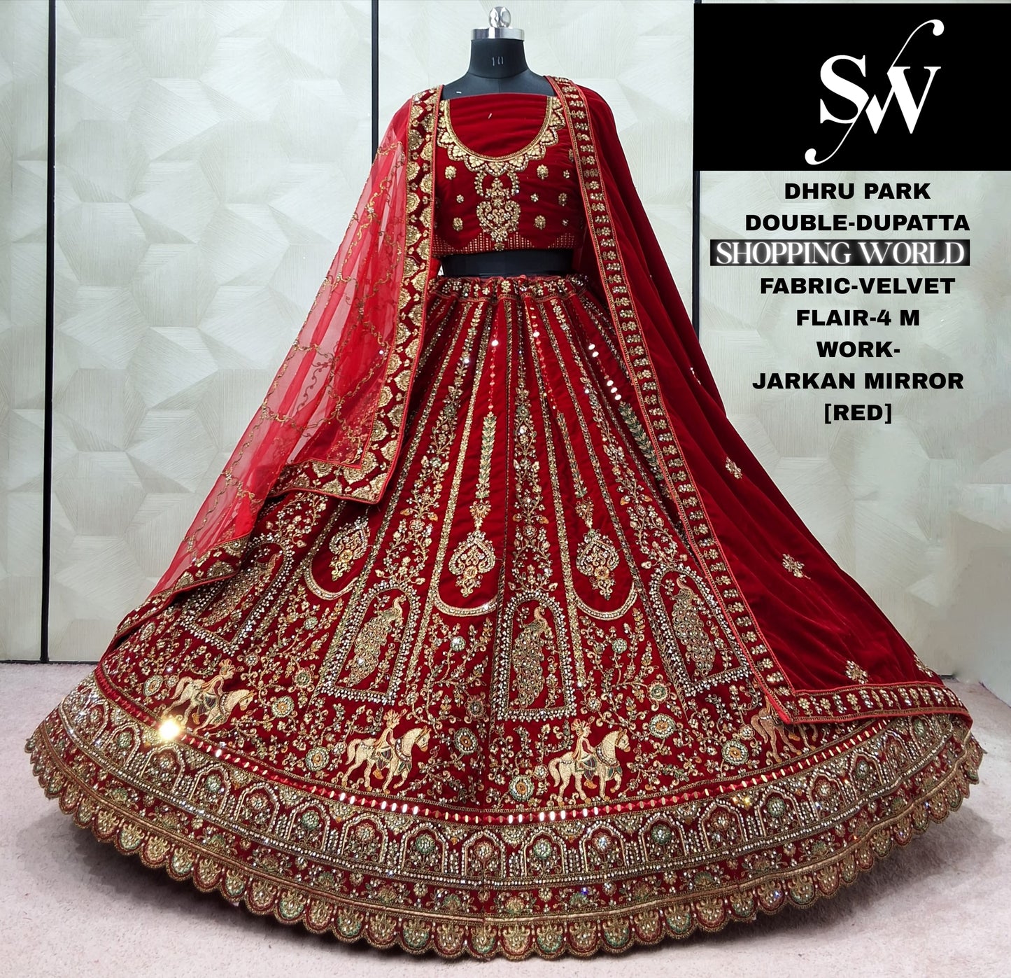 Red Peacock Double Dupatta Velvet Bridal Lehenga