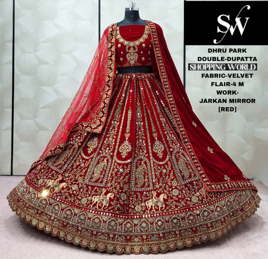 Red Peacock Double Dupatta Velvet Bridal Lehenga