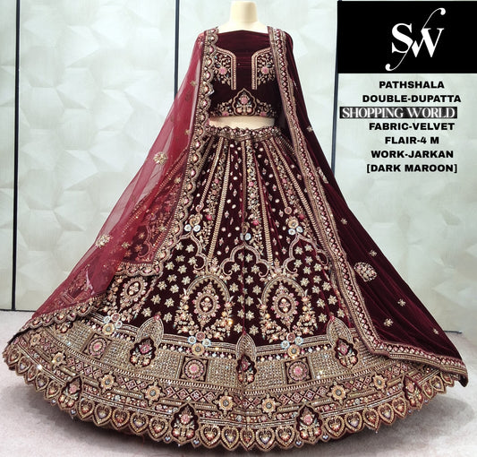 Dark Maroon Double Dupatta Velvet Bridal Lehenga