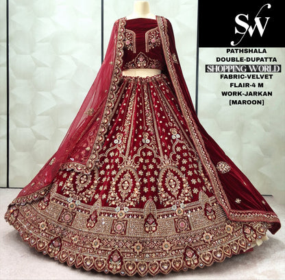 Dark Maroon Double Dupatta Velvet Bridal Lehenga