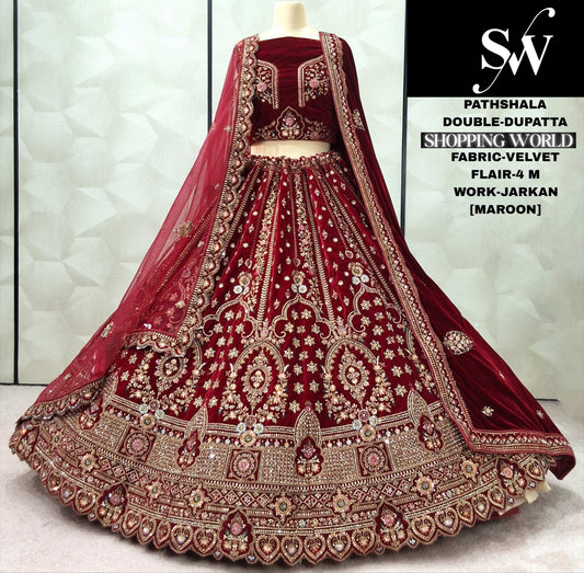 Dark Maroon Double Dupatta Velvet Bridal Lehenga