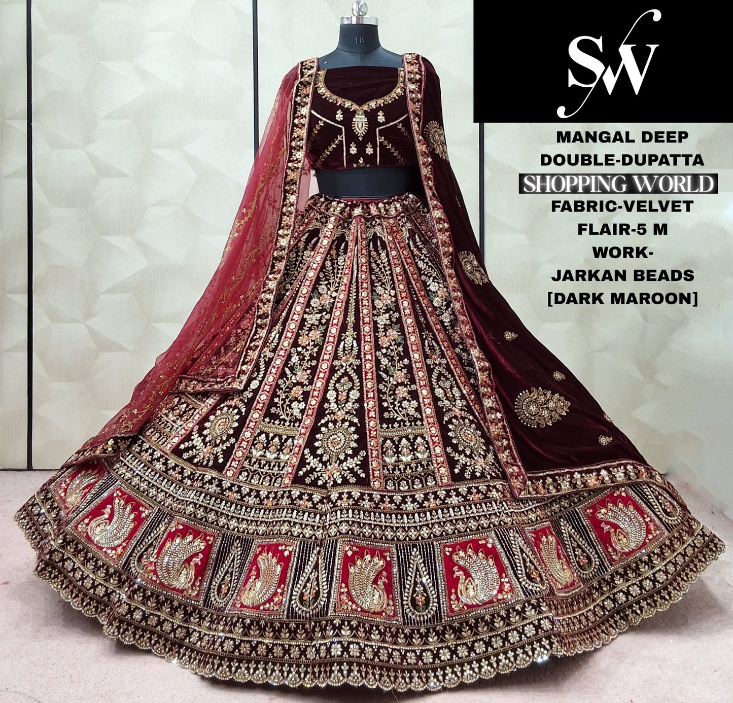 Dark Maroon Double Dupatta Velvet Bridal Lehenga