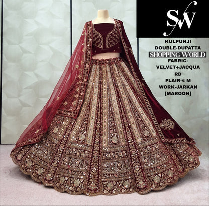 Maroon Velvet Jacquard Double Dupatta Bridal Lehenga