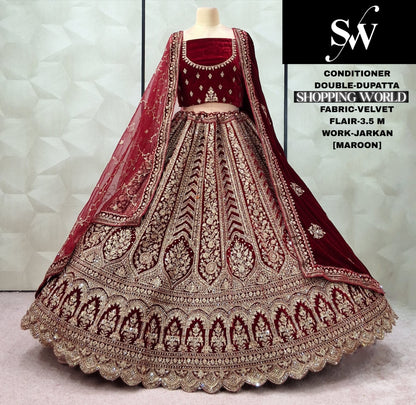 Maroon Velvet Double Dupatta Bridal Lehenga
