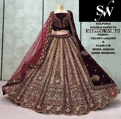 Maroon Velvet Jacquard Double Dupatta Bridal Lehenga
