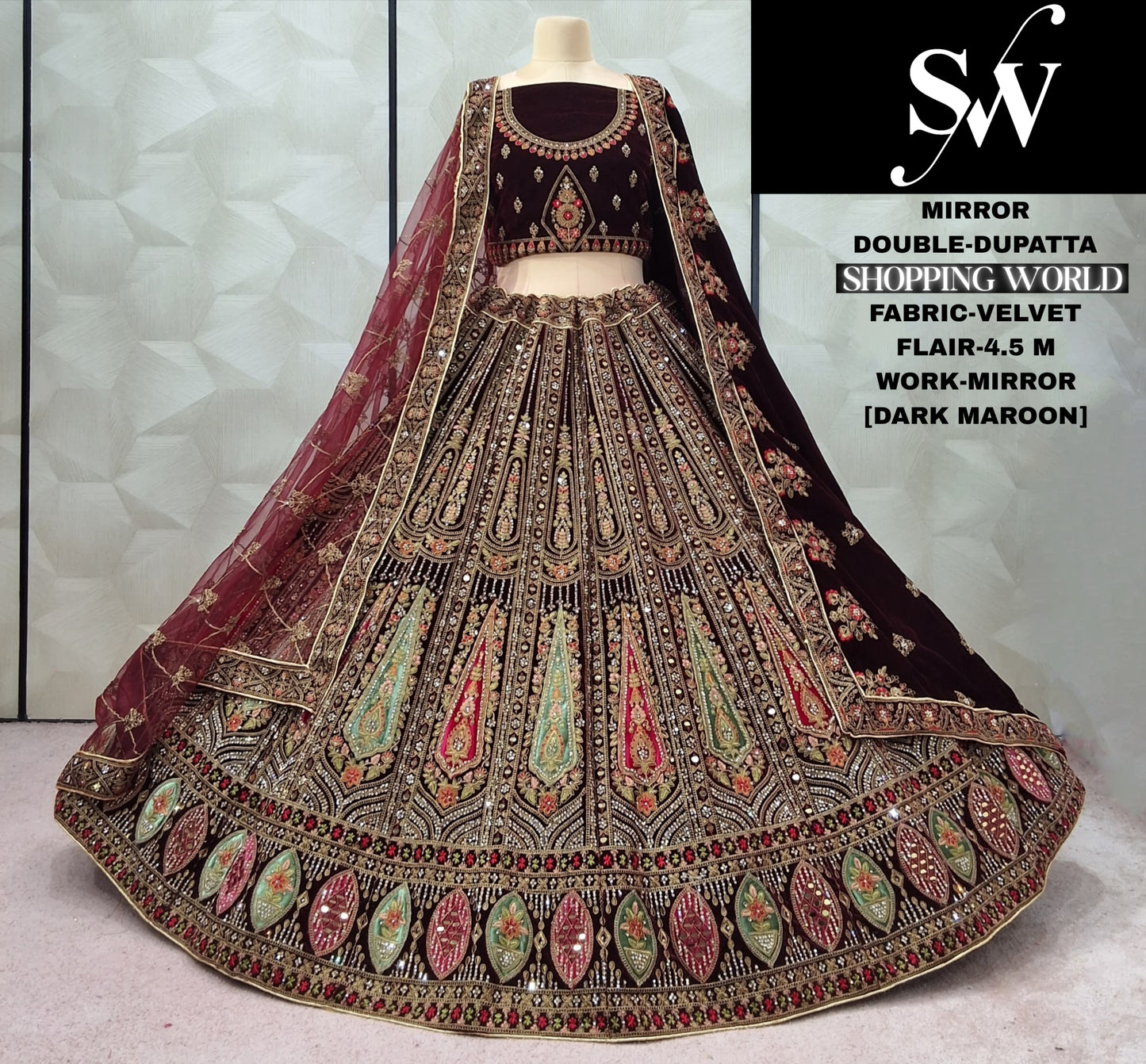 Dark Maroon Velvet Double Dupatta Bridal Lehenga