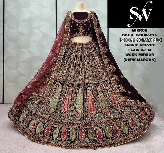 Dark Maroon Velvet Double Dupatta Bridal Lehenga