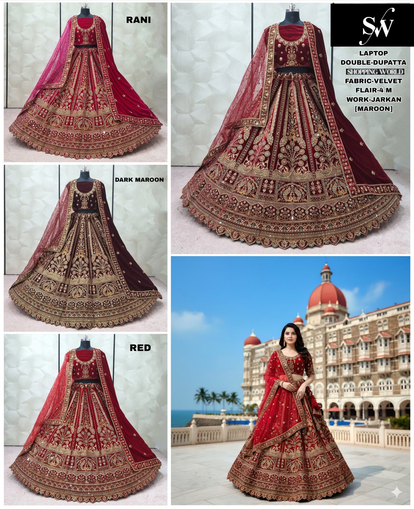 Red Maroon Dark Maroon Rani Pink Double Dupatta Velvet Bridal Lehenga
