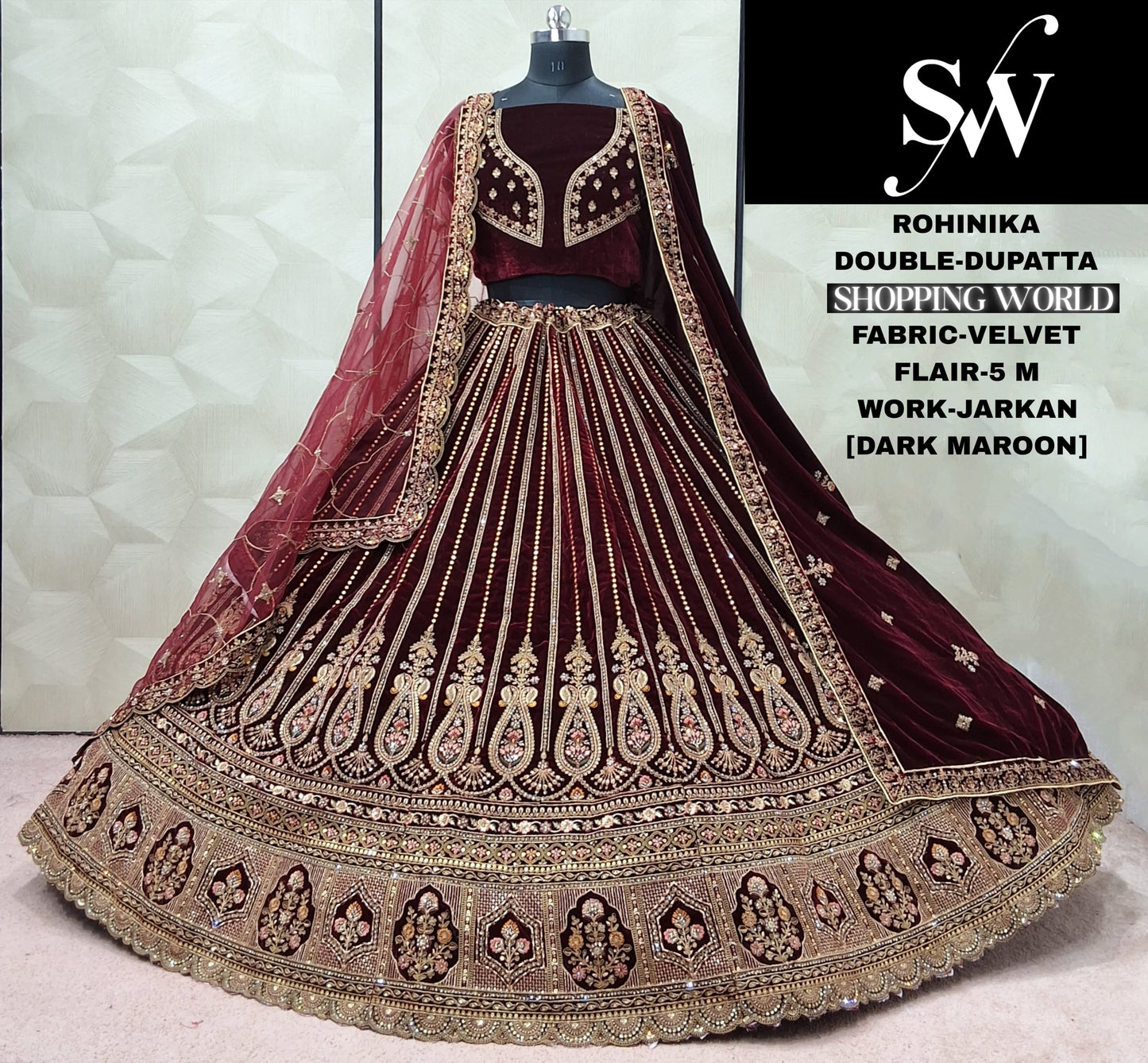 Dark Maroon Velvet Double Dupatta Bridal Lehenga