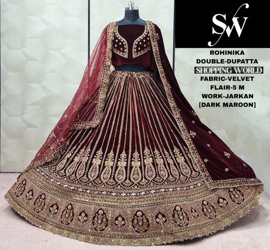 Dark Maroon Velvet Double Dupatta Bridal Lehenga
