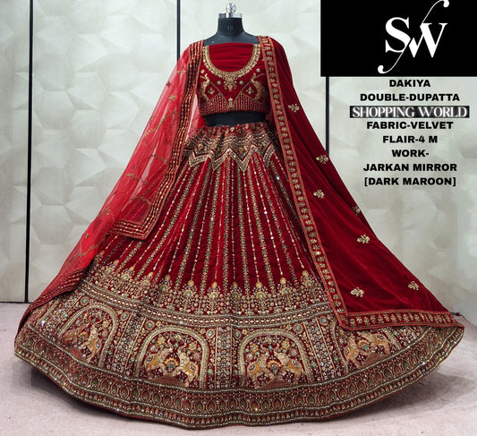Maroon Double Dupatta Velvet Bridal Lehenga